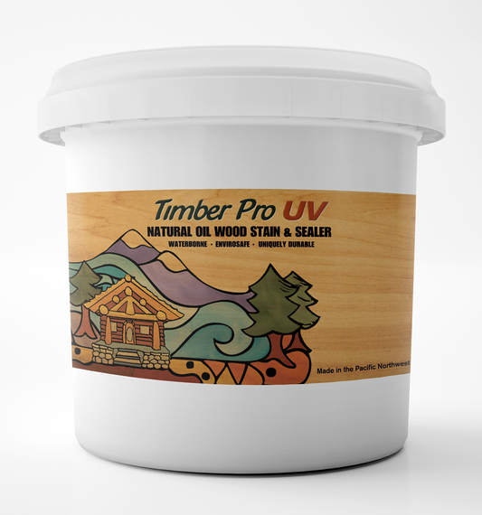 A white plastic single gallon bucket with a label that says "Timber Pro UV"