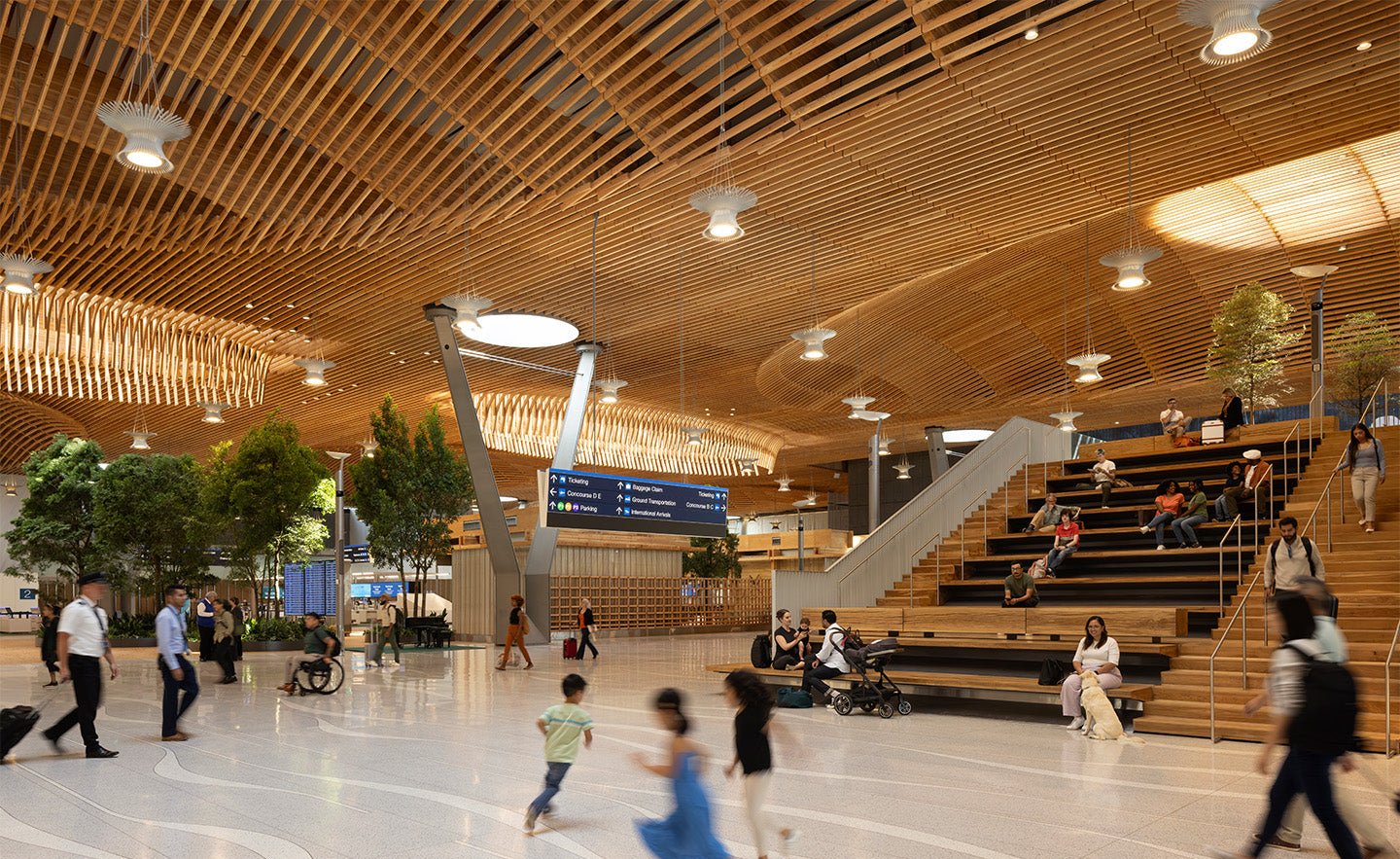 Bright mass timber beams in the Portland Airport